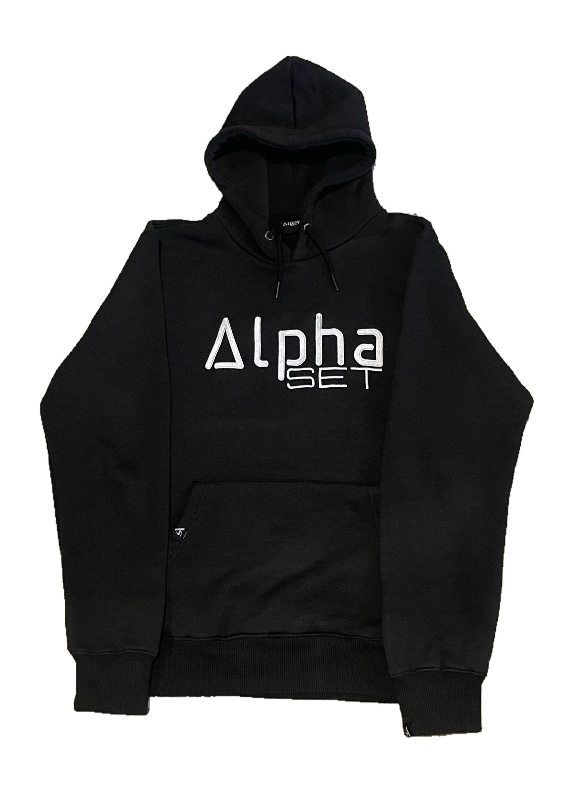 AlphaSET Apparel embroiled hoodie in black with branded tags on bands and branded drawstrings. 