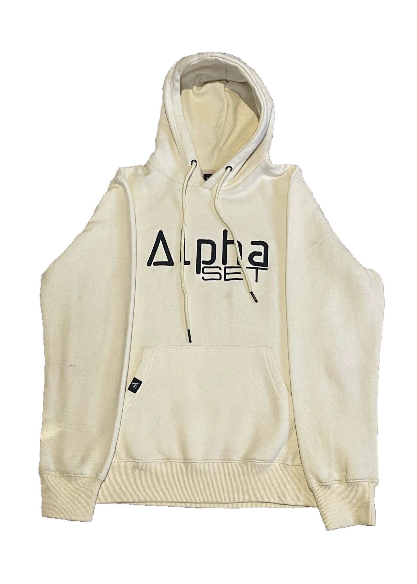 AlphaSET Apparel embroiled hoodie in black with branded tags on bands and branded drawstrings. 